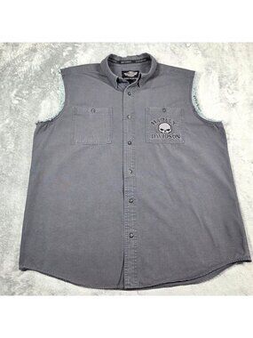 Harley Davidson Shirt Mens XXL Gray Sleeveless Skull Button Down Cut Off Vest